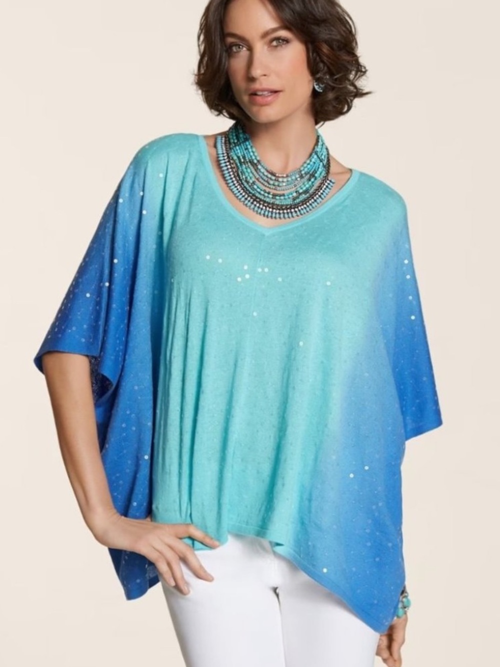 Chico’s Blue Aqua Ombré Sequined Poncho Top One Size